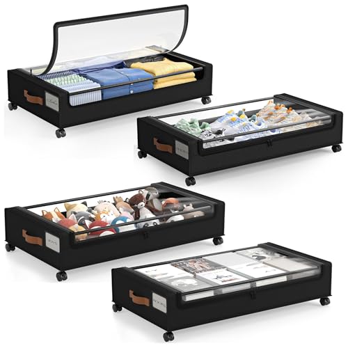 LAMU Under Bed Storage with Wheels, 4Pack Underbed Storage Containers,Black | Smooth-rolling Wheels, Clear Lid & Label, Sturdy Metal Frame, Easy Install, Rolling Storage Drawers for Clothes, Shoes, Toys