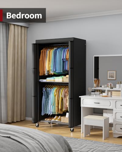Sakugi Clothes Rack with Cover, Wardrobe Closet, 35.4" x17.7" x79.7", Iron | Bedroom, Dorm, Apartment, Open Front, Heavy Duty, Lockable Wheels, Rust-Resistant, Black