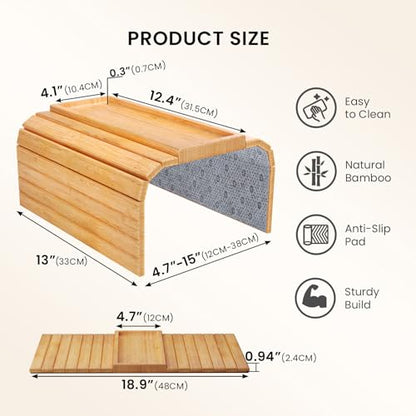 2 Pack Bamboo Folding Sofa Arm Tray with Anti-Slip Pad (Natural) | Couch Armrest Tray,Foldable Build, Space-Saving Storage, No Assembly, easy to clean, universal arm fit,Gift box