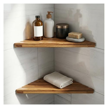 Wooden Corner Shower Shelf Triangular Corner Shelf Wooden Bathroom Shelf for Tiled Wall, 2 Pack Shower Corner Shelf, No Drilling Requied