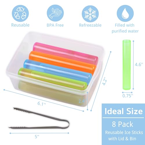 Reusable Ice Cube with Lid and Bin, 8 Pack Plastic Ice Cubes for Drinks BPA Free, Washable Freezable Ice Sticks for Water Bottles, Whiskey, Vodka, Coffee, Beer, Wine