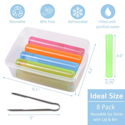 Reusable Ice Cube with Lid and Bin, 8 Pack Plastic Ice Cubes for Drinks BPA Free, Washable Freezable Ice Sticks for Water Bottles, Whiskey, Vodka, Coffee, Beer, Wine