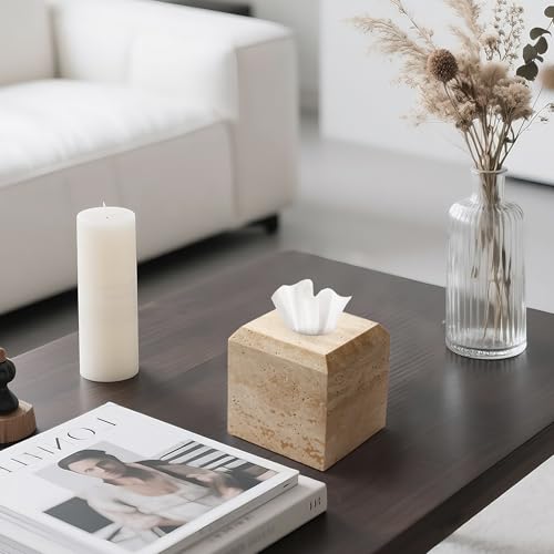Tissue Box Cover Italy Natural Travertine Stone Heavy Duty Square Facial Toilet Paper Holder for Bathroom Living Room Bedroom Dresser Kitchen Minimalistic Office Home Decor Beige (TBC145WT)