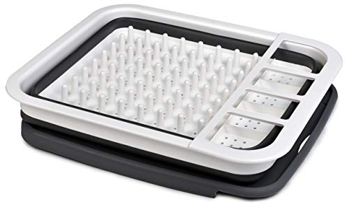 Masirs Pop-Up Collapsible Dish Drying Rack: Convenient Storage, Drains into Sink, Eight Large Plate Capacity, Sectional Cutlery and Utensil Compartment. Compact and Portable Design.