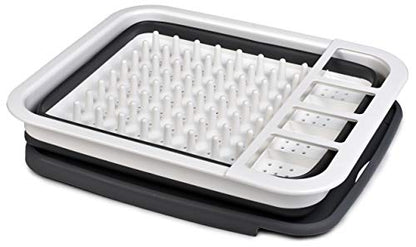 Masirs Pop-Up Collapsible Dish Drying Rack: Convenient Storage, Drains into Sink, Eight Large Plate Capacity, Sectional Cutlery and Utensil Compartment. Compact and Portable Design.