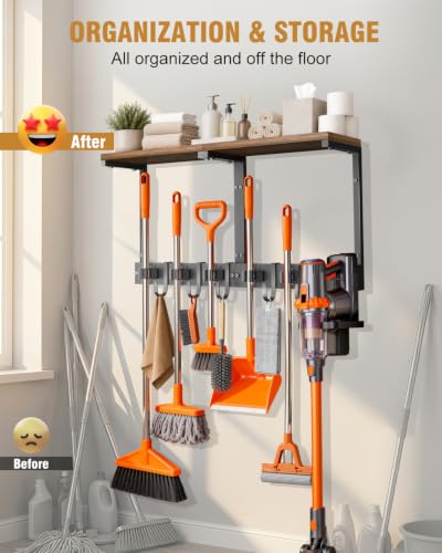 Large Broom Holder Wall Mount with Shelf, Vacuum Organizer, 5 Slots 5 Hooks | Black, 3-In-1 Wall Mount Stores Brooms/Mops/Vacuum, Cleaning Supplies With 5 Grippers/5 Hooks And A Sturdy Wooden Top Shelf