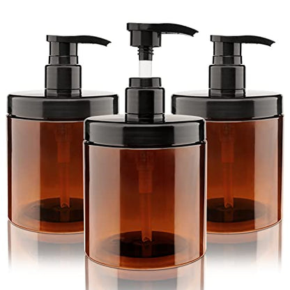 Pump Bottle Dispenser 3 Pcs 600ml/20oz Brown | BPA Free Wide Mouth Plastic Bottle for Shampoo, Conditioner and Body Lotion Storage