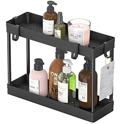 Simple Houseware 2-Tier Under Sink Organizer Storage Tray with Hooks, Black