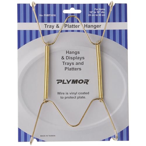 Plymor Gold Tray & Platter Hanger for 10-16 inch Platters | Spring-steel, wall-mountable; edge hooks grip the rim of platters & serving trays; 8.25 x 4.75 x 0.875 inches (H x W x D)