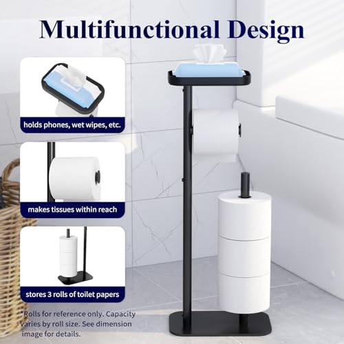 Kitsure Metal Toilet Paper Holder Free Standing, Medium, Black | Rustproof Toilet Paper Stand for 4 Rolls, Bathroom Organizers and Storage with Anti-Slip Base and Plastic Shelf