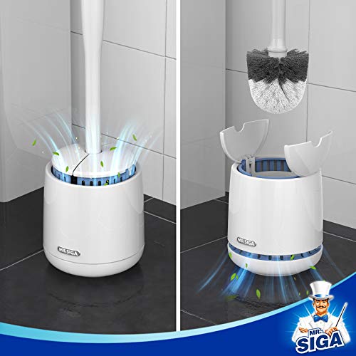MR.SIGA Toilet Bowl Brush and Holder, Sturdy Long Handle, White, 1 Pack | Automatic lid design, upgraded ventilation, replaceable toilet brush head dries quickly