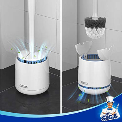 MR.SIGA Toilet Bowl Brush and Holder, Sturdy Long Handle, White, 2 Pack | Automatic Lid Design, toilet brush and holder set with replaceable toilet head, toilet bowl cleaner brush, toilet scrubber