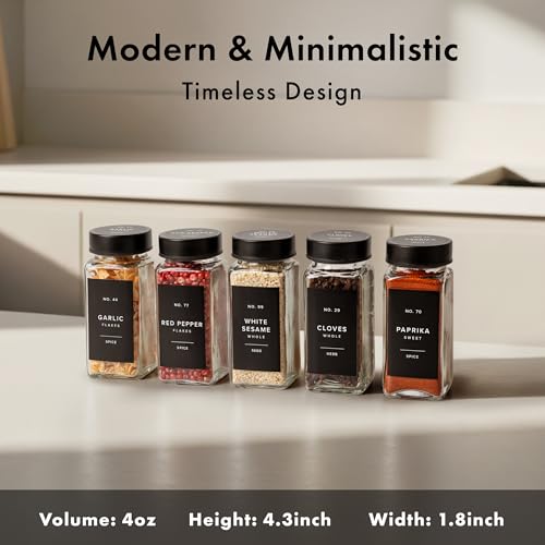 Glass Spice Jars with Label, Seasoning Set, 24x Black Steel Lids