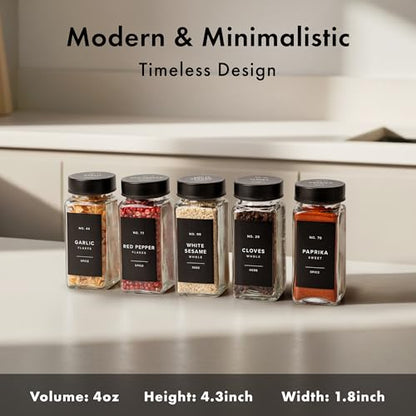 Glass Spice Jars with Label, Seasoning Set, 24x Black Steel Lids