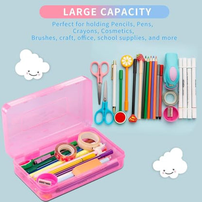 Sooez 3 Pack Pencil Case, Large Hard Pencil Box Bulk, Clear Crayon Box | Marker Pen Organizer, Plastic Storage Container with Snap Lid, Stackable Art Craft Organizer Back to School Supplies