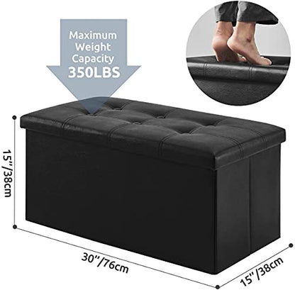 YOUDENOVA 30" Ottoman with Storage, Folding Faux Leather Bench, Black | Foldable ottoman with hidden storage, padded faux leather seat for living room, bedroom and entryway.