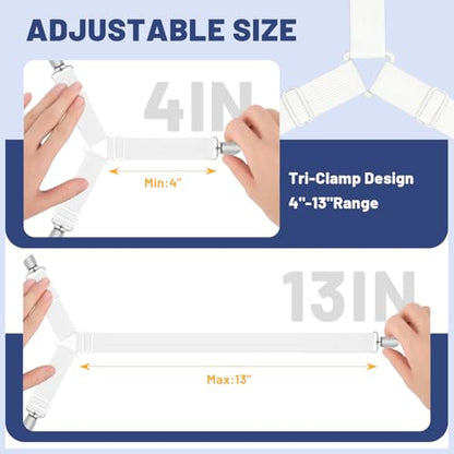 Adjustable Bed Sheet Straps, Elastic Fasteners with Metal Clips, Sheet Grippers and Corner Keepers for Mattress Cover, Firm Tight Mattress Sheet Suspenders (Triangle White 8 Pcs)