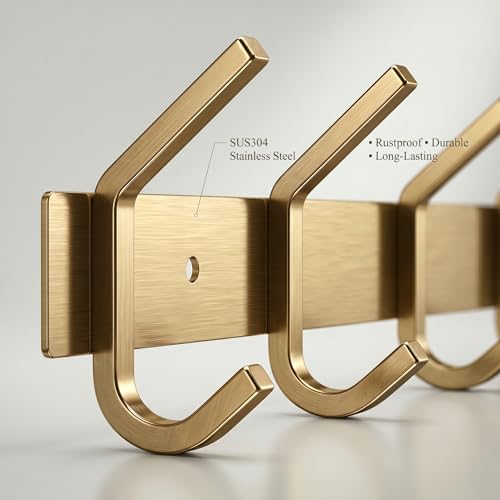 Brushed Gold Wall Mounted Coat Rack – 17 Inch Stainless Steel Rail with 6 Double Coat Hooks for Entryway, Bathroom, Bedroom, Kitchen – Modern Gold Hook Rack for Coats, Hats, Towels
