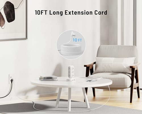 Flat Plug Power Strip Tower, TenTrend 40W Total Fast Charging Station, 10FT | 12 AC Outlets & 8 USB Ports (4 USB C), Dual PD 20W, Long Extension Cord for Desk Office Dorm Room