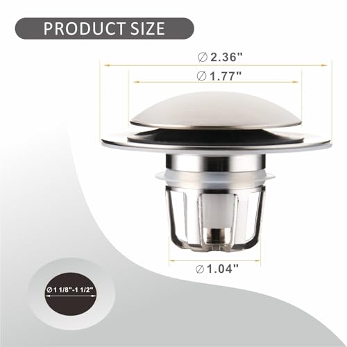 WELLUP Bathroom Sink Stopper,Sink Drain Stopper Pop Up Strainer Brushed | Bruhsed Nickel 2-in-1 Sink Stopper Replacement,Bathroom Sink Drain with Hair Catcher,Fit 1 1/8"-1 1/2",Anti-Clogging Design