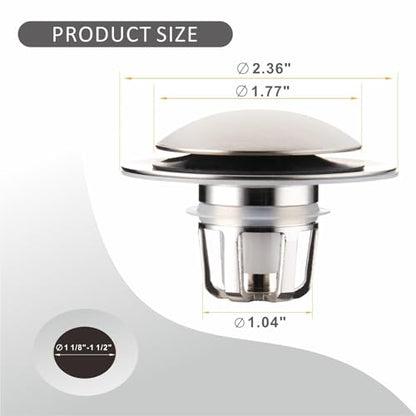 WELLUP Bathroom Sink Stopper,Sink Drain Stopper Pop Up Strainer Brushed | Bruhsed Nickel 2-in-1 Sink Stopper Replacement,Bathroom Sink Drain with Hair Catcher,Fit 1 1/8"-1 1/2",Anti-Clogging Design