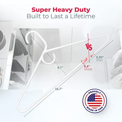 Super Heavy Duty Clothes Hangers 36 Pack – Made in the USA - 10lb Capacity, Thick Plastic Hangers for Pants, Coats, Jackets, Jeans and Adult Clothing – White