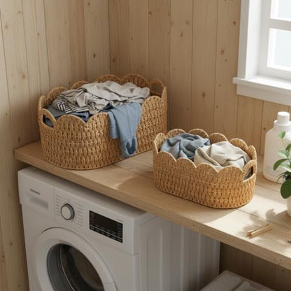 Paper Rope Scalloped Basket Set of 2, Wicker Storage Baskets for Shelves,Gifts,Books,Toys,Cute Decor Rattan Baskets for Organizing,Natural Color