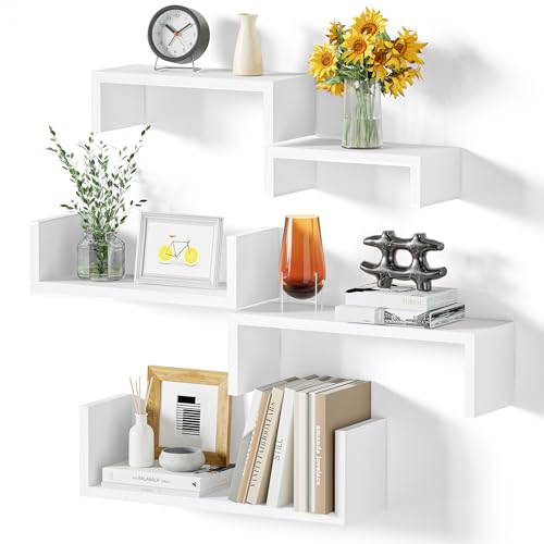 White Floating Shelves, Set of 5 Solid Wood Wall M... (5 Count | Washed White | Wood)