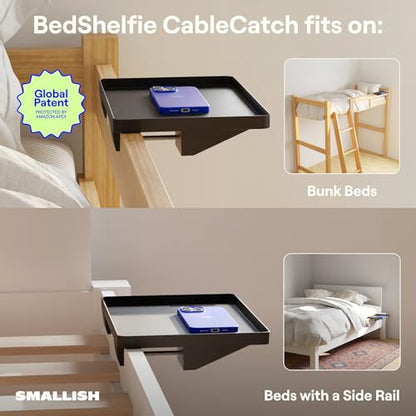 BedShelfie Bedside Shelf for Dorm Room - Cable Catch, Black | Bunk Bed & Top Bunk, College Dorm Room Essentials, Clip On Nightstand, Bed Side Table Tray, College Dorm Essentials