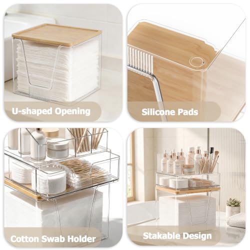 SPOSPO 3-in-1 Disposable Facial Towel Holder & Makeup Organizer | Cotton Ball/Swabs Dispenser, Vanity Holder with Bamboo Lid Compatible with Clean Skin Club Towel XL for Bathroom Coutertop
