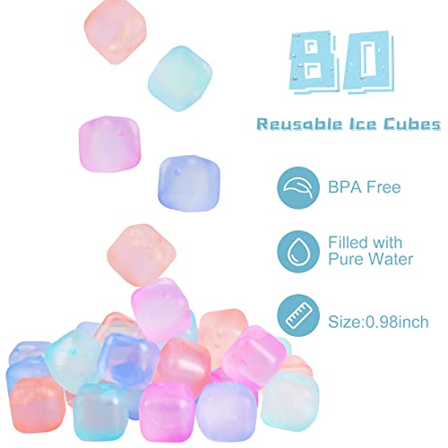 Reusable Ice Cubes for Drinks, Color-Changing Square, 80 Pack | BPA-Free Plastic Cubes, No Diluting, Refreezable, Fake Ice Look, Chilled Beverages, Coffee Bars, House Party Drinks