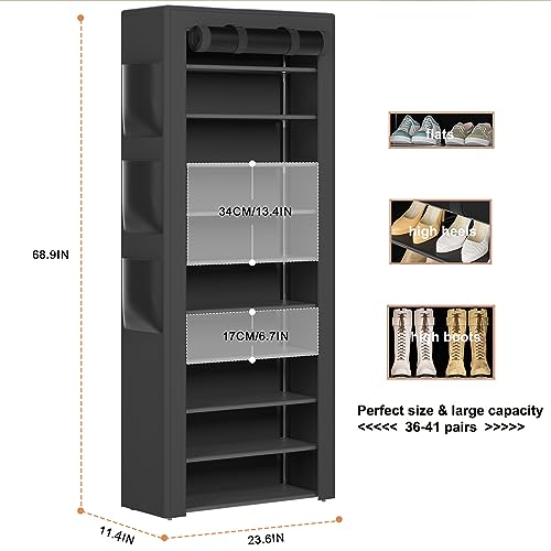 Large Shoe Rack, Black, 6 Side Pockets, 23.6" Wide x 11.4" Deep x 68.9" Tall, 36-41 Pairs of Shoes | Space Saving Fabric Cover Shoe Organizer Shelf for Closet, Bedroom, Garage, Entryway, Narrow Free Standing Cabinet Holder