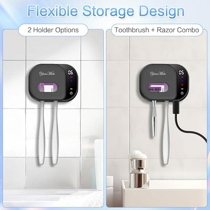 YourMate Toothbrush Holder Bathroom Rechargeable Wall Mounted Toothbrush Cleaner with Smart Sensor Lid & Fan, 5-Min Auto Cleaning, 2 Type Slots