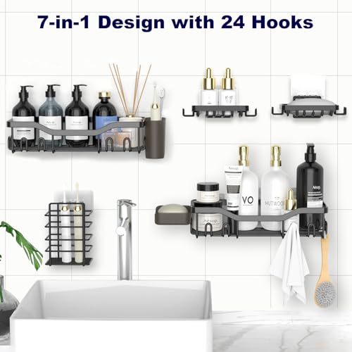 7-Pack Shower Caddy Adhesive,Stainless Steel Shower Organizer Shelf | Rustproof, with Soap Dish Toothbrush Holder, Large Capacity, No-Drill Rack Bathroom Storage Accessories, 24 Hooks, Home Decor