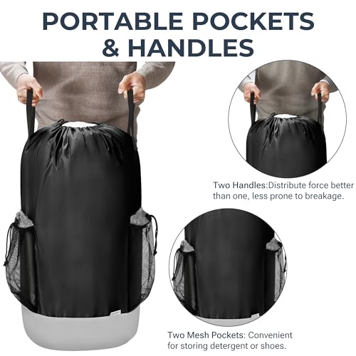 Large Backpack Laundry Bag (29" H × 15" Dia), Waterproof Clothes Hamper Bag, 900D Oxford Fabric Body and Double-Layer Nylon Base, Perfect for College Dorm, Travel, Apartment, Laundromat (Black)
