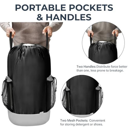 Large Backpack Laundry Bag (29" H × 15" Dia), Waterproof Clothes Hamper Bag, 900D Oxford Fabric Body and Double-Layer Nylon Base, Perfect for College Dorm, Travel, Apartment, Laundromat (Black)
