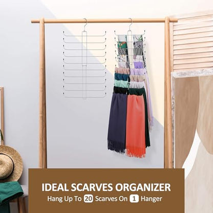 2 Pack Scarf Hanger, Scarf Organizer for Closet, Holds 40 Scarves | Sturdy Metal Scarf Holder Hijab Rack with 40 Hooks, 360° Rotating, Foldable Design, Hanging Closet Organizers and Storage