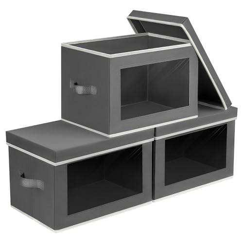 Storage Bins with Lids - Fabric Storage Boxe with Window, Collapsible Closet Organizers with Handles, 3 Pack Decorative Bin, Home Cubes Baskets for Clothes, Hat, Books, Dark Grey