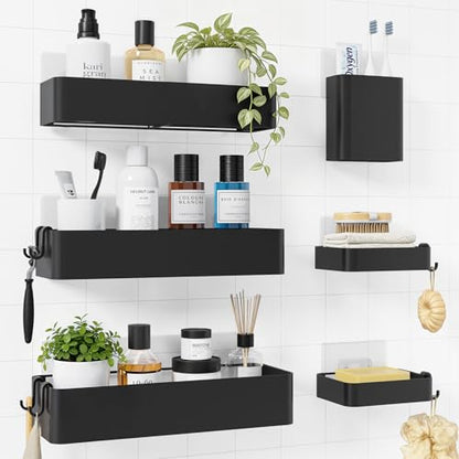 Kitsure Large Shower Caddy - Adhesive 6-Pack Bathroom Shelves, Black | No-Drilling Rustproof Shelves with Soap Holder, Toothbrush Holder, 6 Hooks, Stylish Bathroom Organizers and Storage Solution
