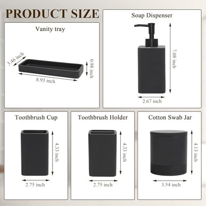 Bathroom Accessories Set, 6 Piece Soap Dispenser Set - Matte Black | Bathroom Set with Toothbrush Holders, Soap Dispenser, Vanity Tray, Tumbler, Cotton Swab Jars, Bathroom Organizer and Storage