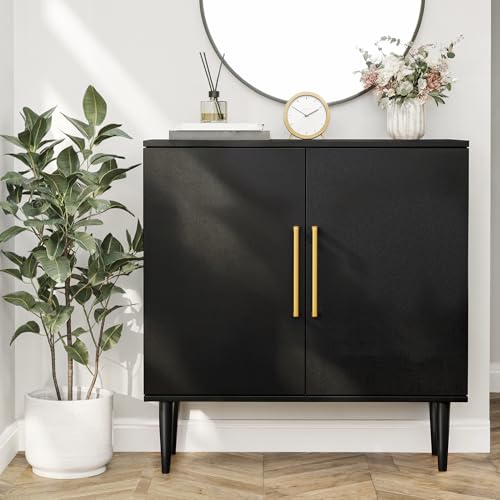 Vrullu Modern Storage Cabinet, Free Standing Buffet Cabinet, Black Sideboard and Buffet Storage, Wood Accent Furniture for Living Room, Hallway, Entryway, Dining Room (1, Black)