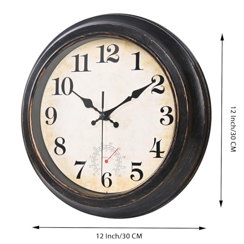 Yoiolclc 12 Inch Outdoor Clock Waterproof with Thermometer Retro Wall Clock for Garden Patio Pool Home(Bronze)