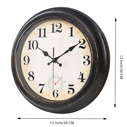 Yoiolclc 12 Inch Outdoor Clock Waterproof with Thermometer Retro Wall Clock for Garden Patio Pool Home(Bronze)