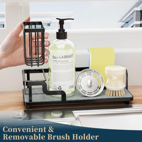 Sponge Holder for Kitchen Sink - Sink Caddy Organizer with Water Absorbing Stone Tray, Detachable Brush Holder, Stainless Steel Kitchen Counter Organizer Rack, Black