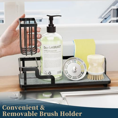 Sponge Holder for Kitchen Sink - Sink Caddy Organizer with Water Absorbing Stone Tray, Detachable Brush Holder, Stainless Steel Kitchen Counter Organizer Rack, Black