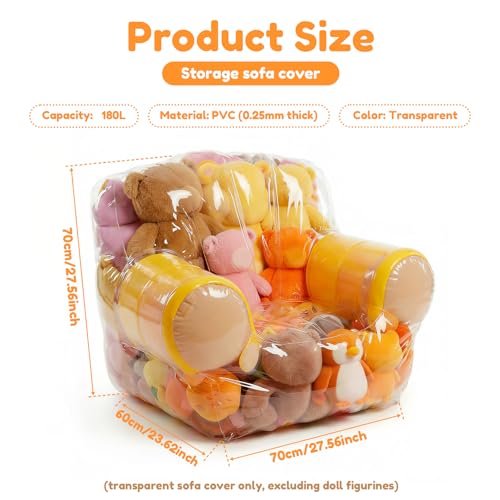 Clear Stuffed Animal Storage Chair Cover for Kids, 180L Large Thickened PVC Bean Bag Cover with Zipper, Waterproof Plush Storage Organizer and Seat, Beanbag Chair for Playroom
