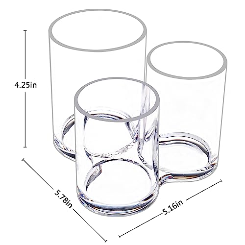 MOSIKER Hair Brush Holder, Clear Acrylic Makeup Brush Organizer, 3 Sections | Connected open-top cylinders in varied heights sort combs, mascara, eyeliner, lip pencils, pens and small remotes.