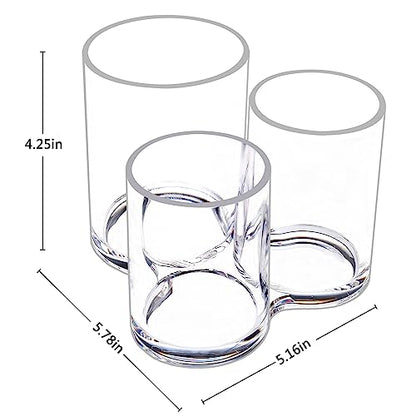 MOSIKER Hair Brush Holder, Clear Acrylic Makeup Brush Organizer, 3 Sections | Connected open-top cylinders in varied heights sort combs, mascara, eyeliner, lip pencils, pens and small remotes.