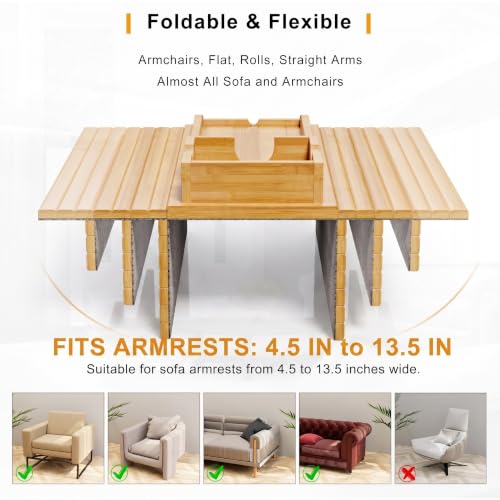 Bamboo Sofa Armrest Tray - Couch Arm Tray with Detachable Couch Cup Holder - 2 in 1 Anti-Slip Foldable Sofa Armchair Caddy Table for Drinks Cellphone TV Remote Snacks