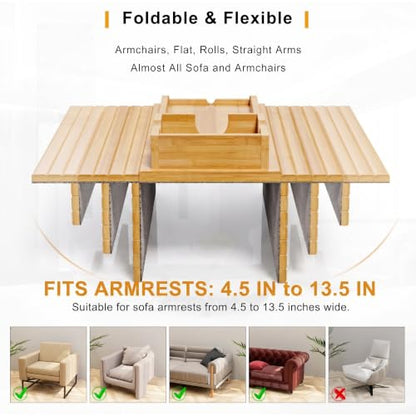Bamboo Sofa Armrest Tray - Couch Arm Tray with Detachable Couch Cup Holder - 2 in 1 Anti-Slip Foldable Sofa Armchair Caddy Table for Drinks Cellphone TV Remote Snacks